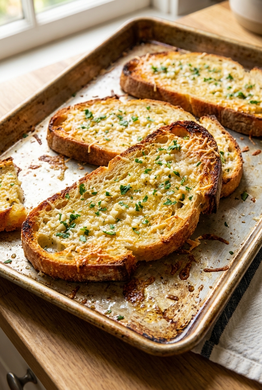 Garlic bread slices toasted until golden on a sheet pan