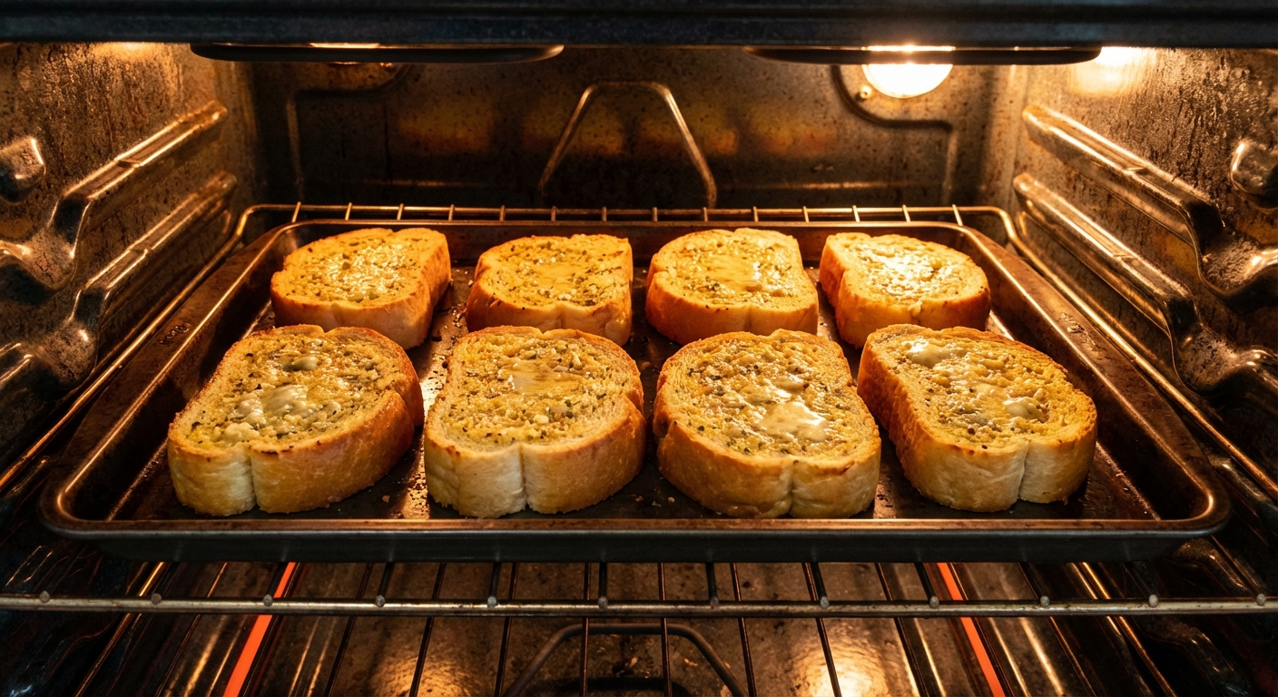 Garlic bread slices toasting on a sheet pan in a hot oven
