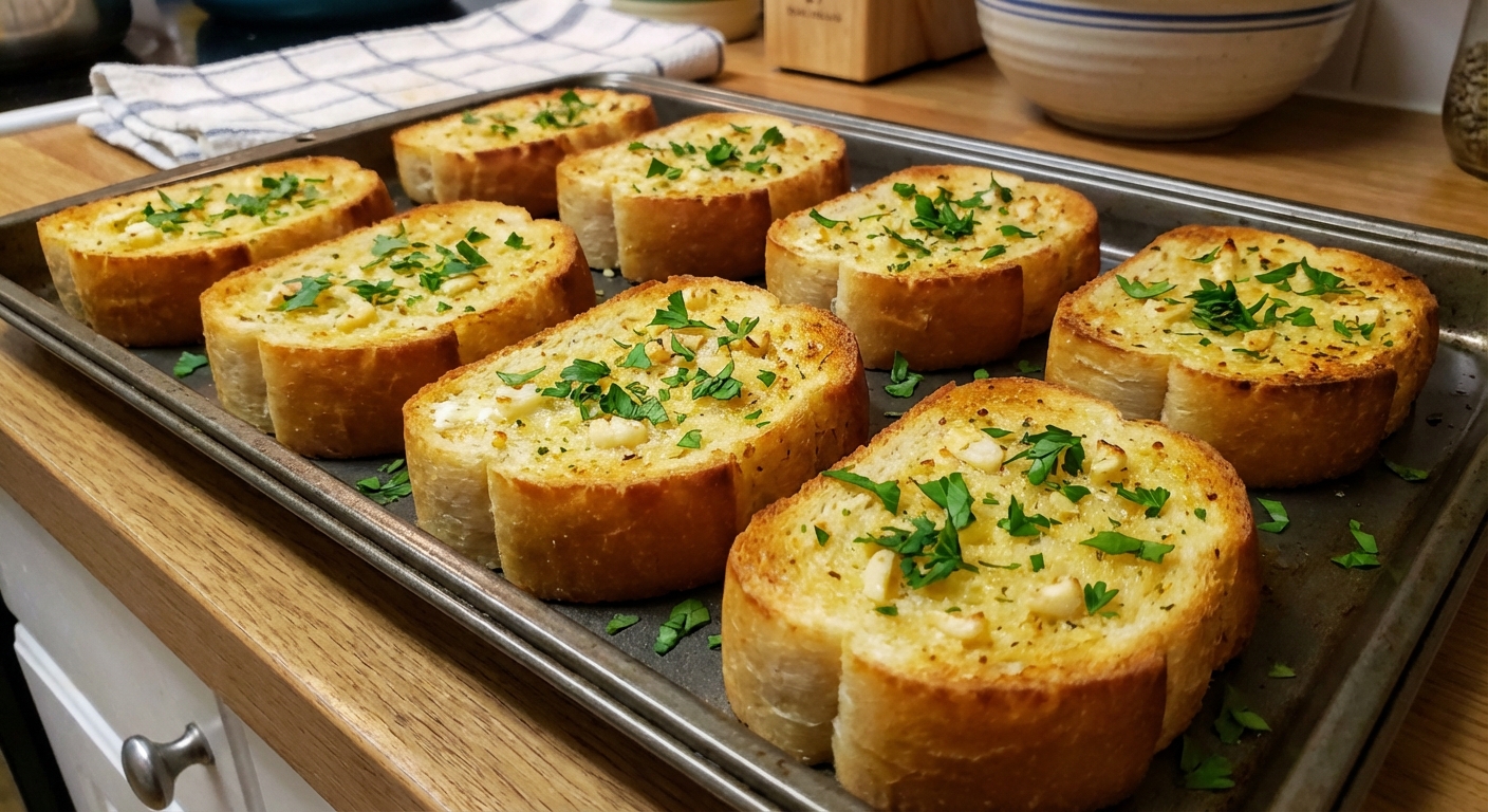 Garlic bread slices with golden edges and chopped parsley on a baking sheet
