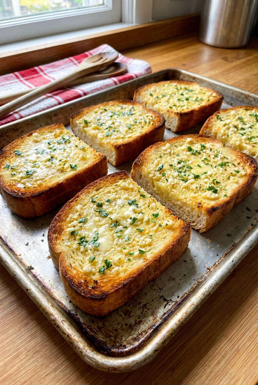 Garlic bread slices with golden toasted edges on a baking tray