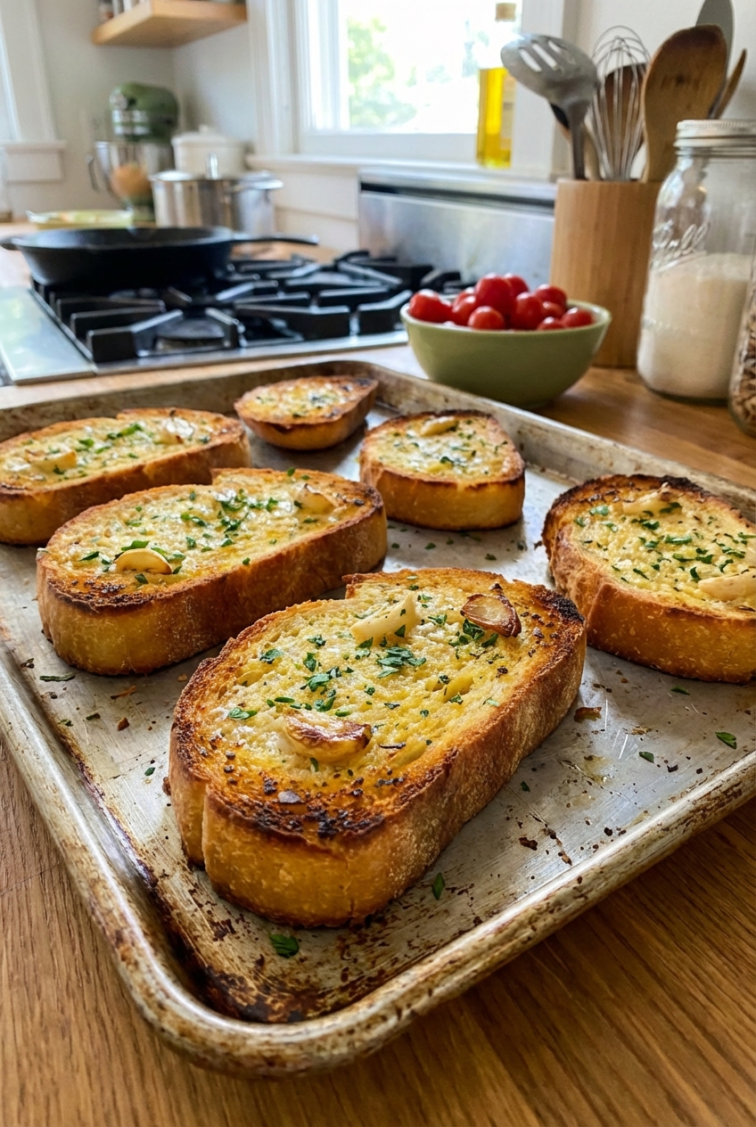 Garlic bread slices with golden toasted edges on a baking sheet
