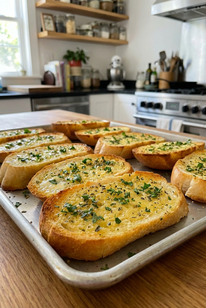 Garlic bread slices with herbs on a baking tray