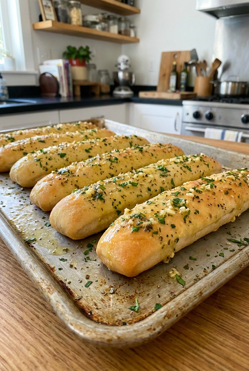 Garlic breadsticks on a baking sheet brushed with butter and sprinkled with herbs