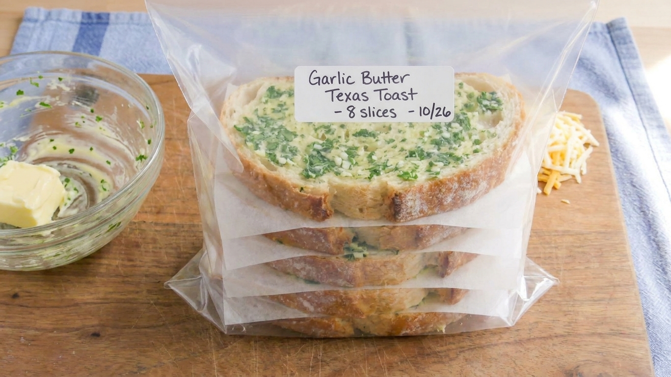 Garlic butter Texas toast slices stacked with parchment paper inside a labeled freezer bag on a kitchen counter