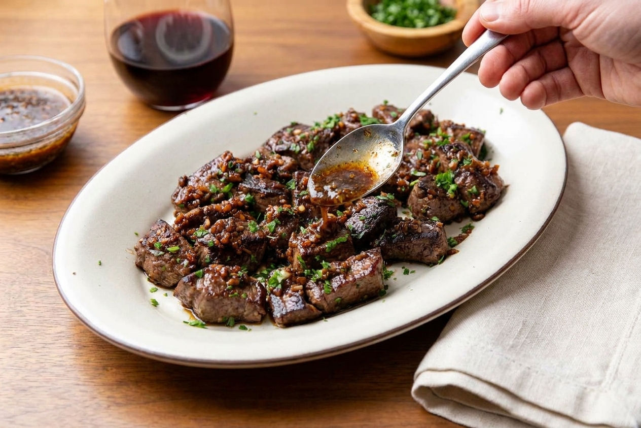 Garlic butter minute steak plated with sauce spooned over the top, sprinkled with parsley, on a dinner table with a simple linen napkin