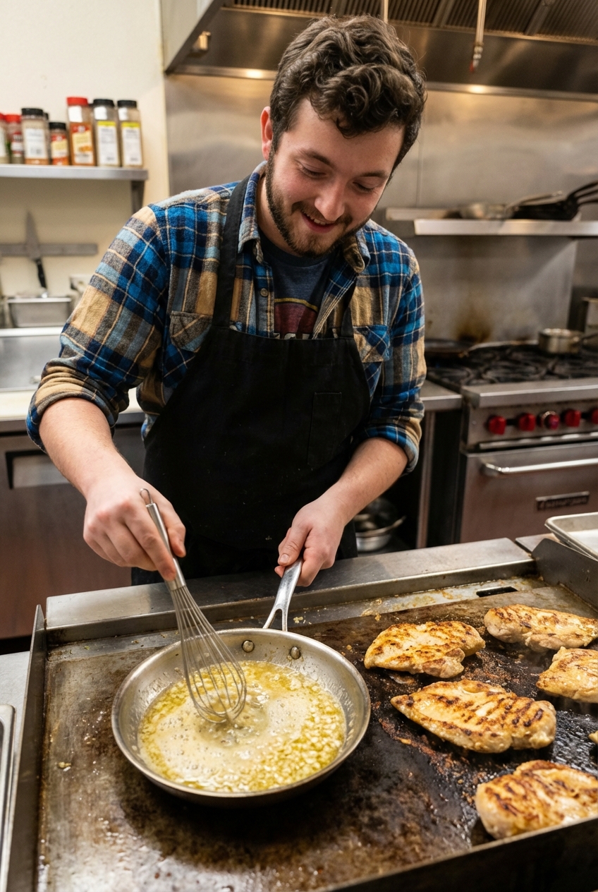 Garlic butter sauce being whisked on a griddle next to cooked chicken cutlets