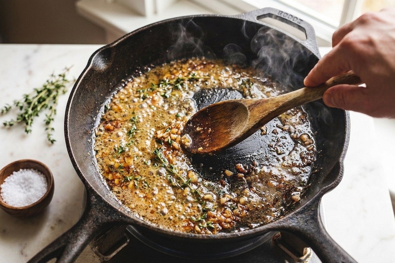 Garlic butter sauce bubbling in a skillet as a wooden spoon scrapes browned bits from the pan