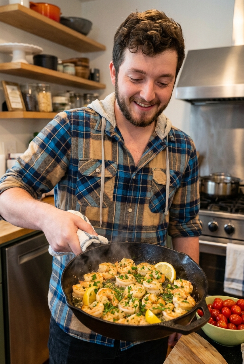 Garlic butter shrimp sizzling in a cast iron skillet with parsley and lemon