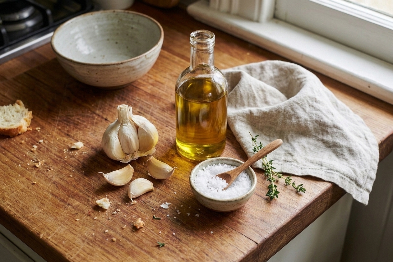 Garlic cloves, a bottle of olive oil, kosher salt, and fresh thyme arranged on a light kitchen counter