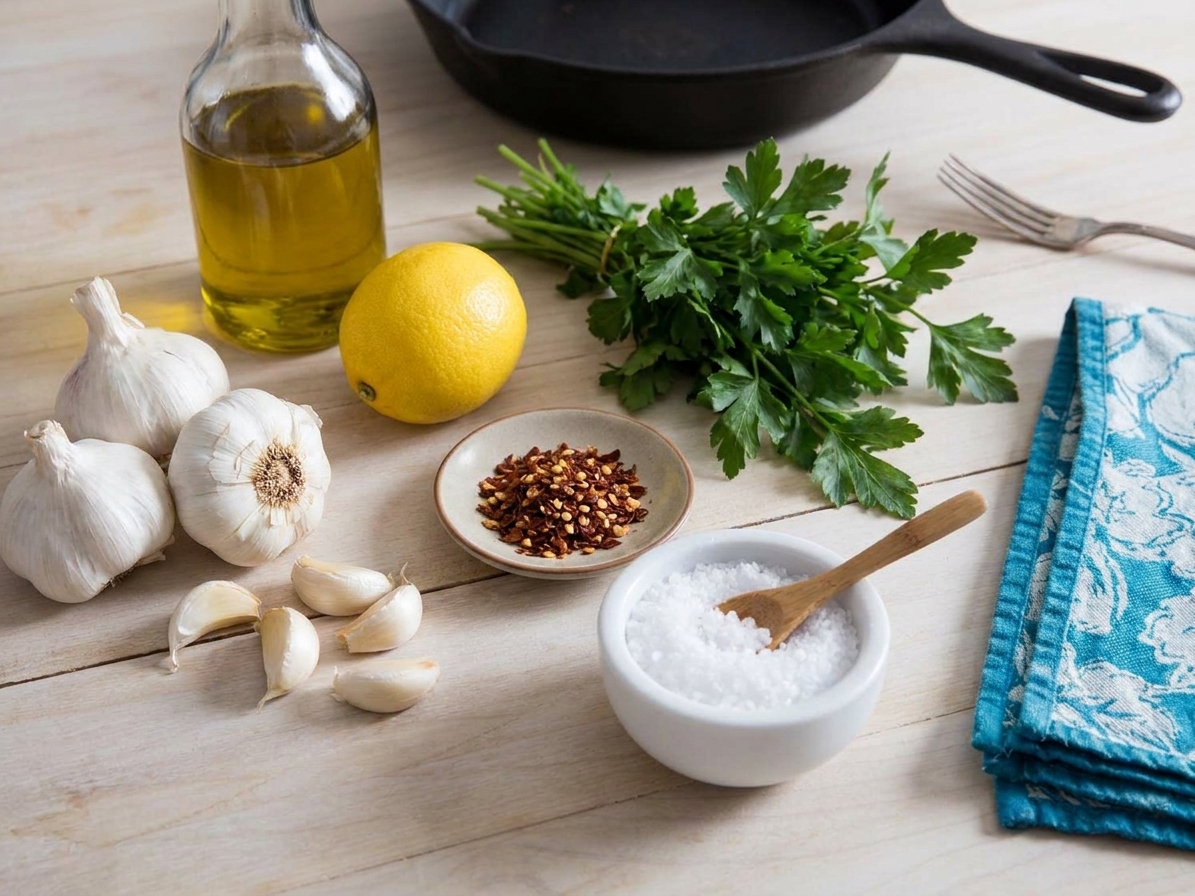 Garlic cloves, a lemon, olive oil, parsley, and red pepper flakes arranged on a clean kitchen counter with a small bowl of salt