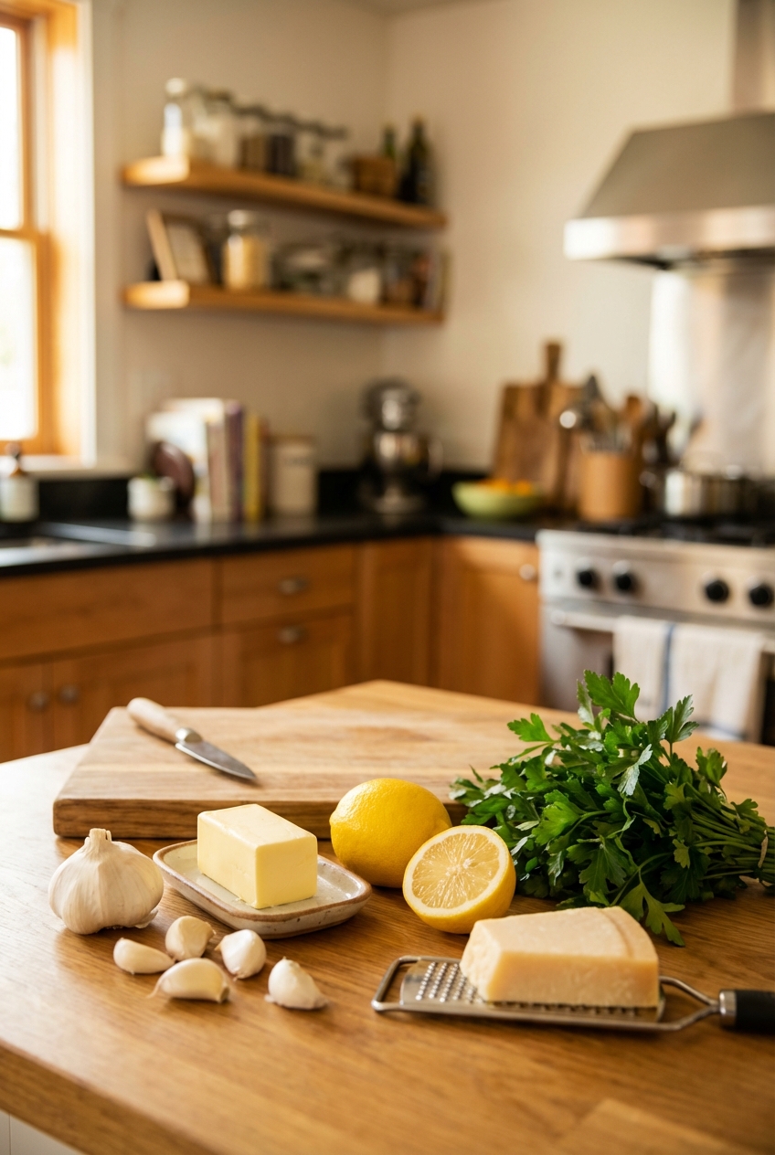 Garlic cloves, butter, lemon, parmesan, and parsley arranged on a kitchen counter