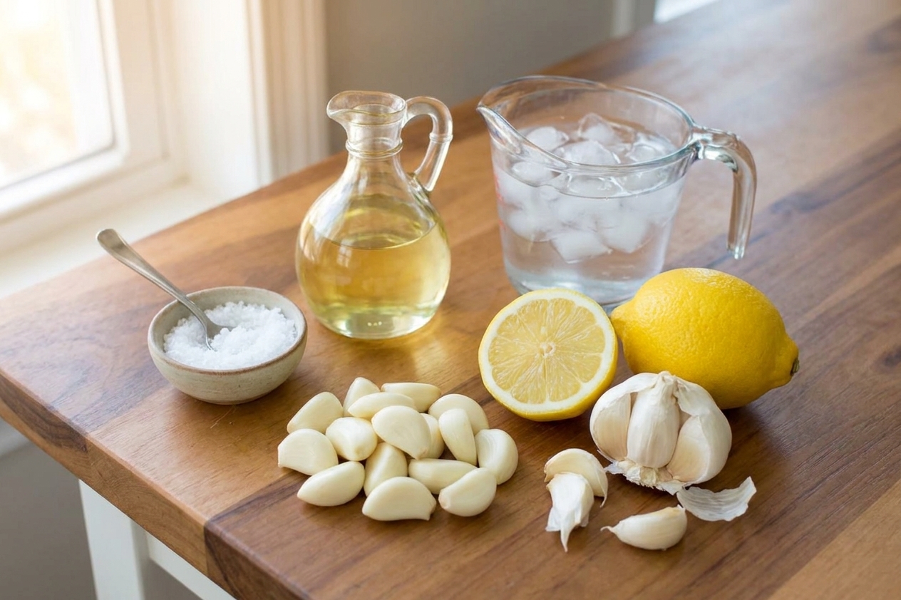 Garlic cloves, lemon, neutral oil, salt, and a small measuring cup of ice water arranged on a clean kitchen counter with warm natural light