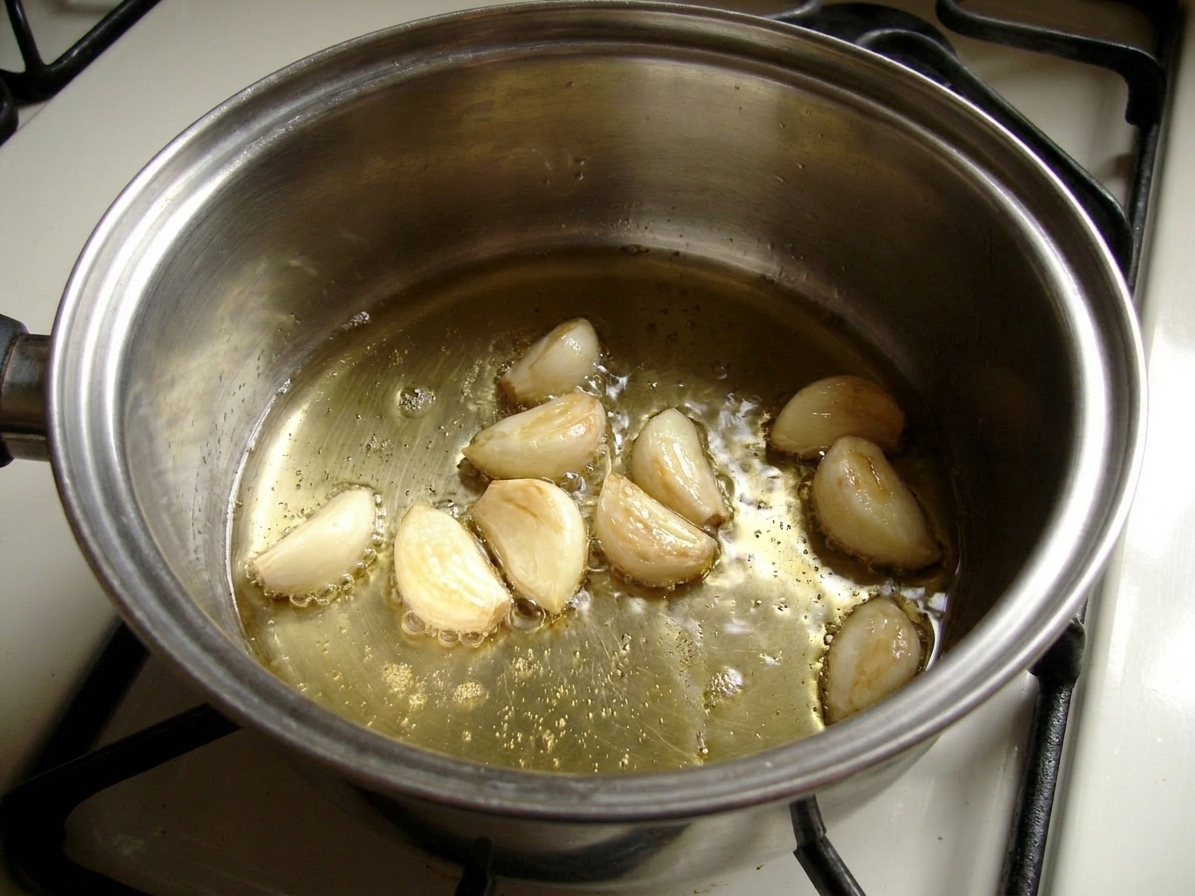 Garlic cloves turning light golden while cooking in a shallow pool of oil in a small saucepan on the stovetop