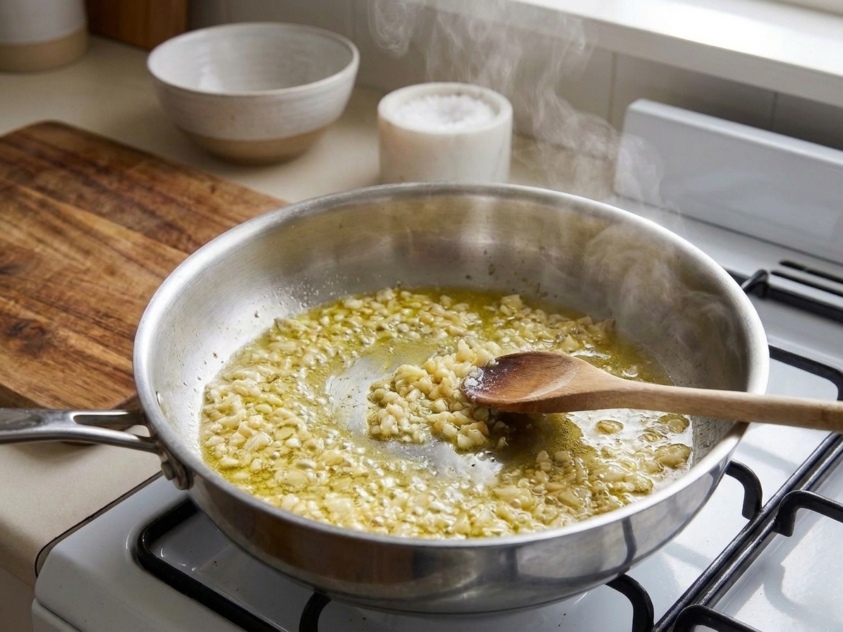 Garlic gently sautéing in butter and olive oil in a large skillet on a stovetop