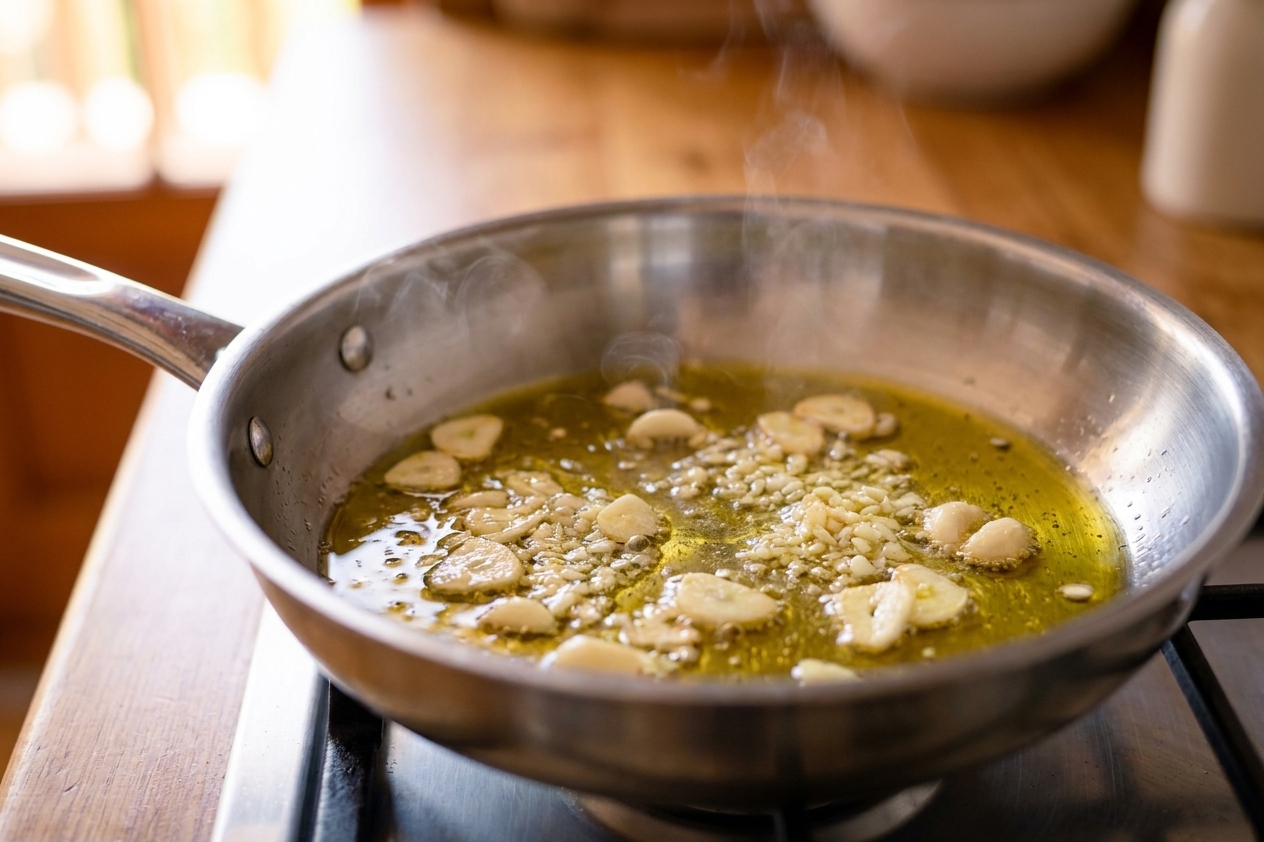Garlic gently sizzling in olive oil in a wide skillet on a stovetop