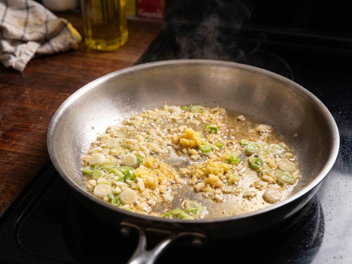 Garlic, ginger, and scallion whites sizzling in oil in a large skillet on a home stove