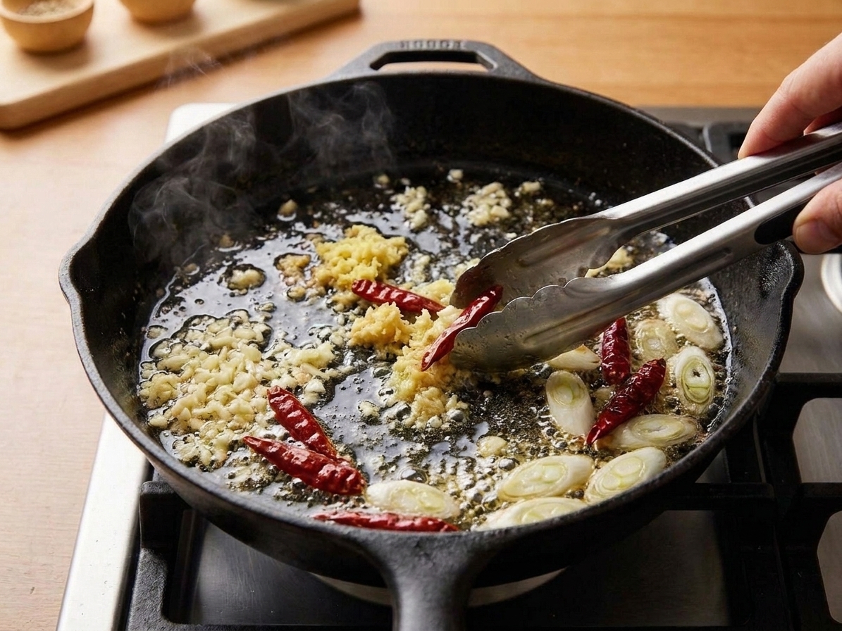 Garlic, ginger, dried chiles, and sliced scallion whites sizzling in a skillet