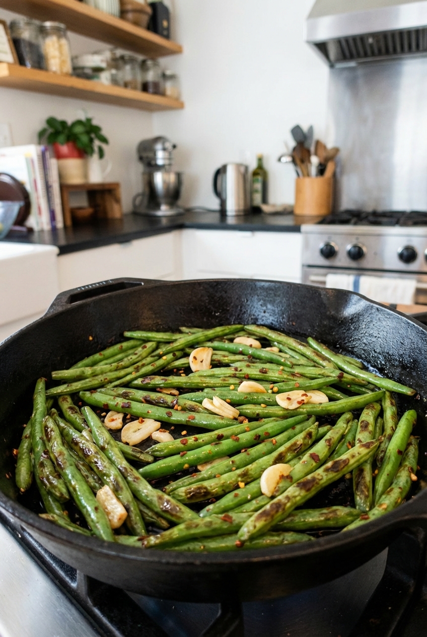 Garlic green beans in a skillet with browned spots