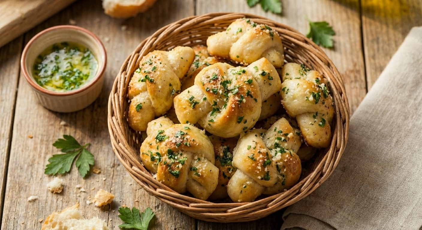 Garlic knots in a basket with parsley and a side of butter