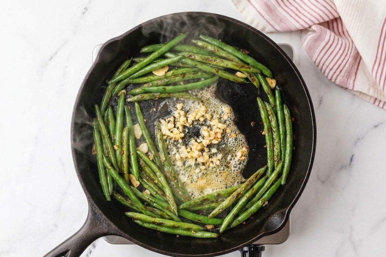 Garlic melting into butter in the center of a skillet with green beans pushed to the sides