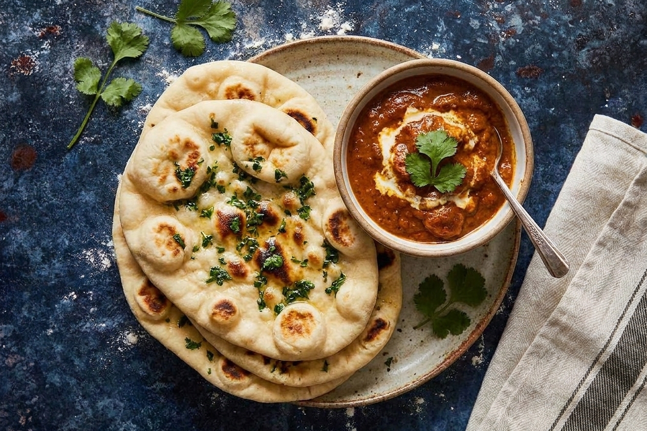 Garlic naan stacked on a plate ready to serve with a small bowl of curry nearby