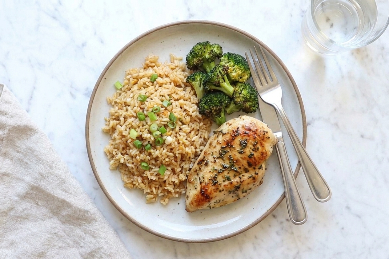 Garlic rice served alongside a simple weeknight dinner on a plate at a dining table
