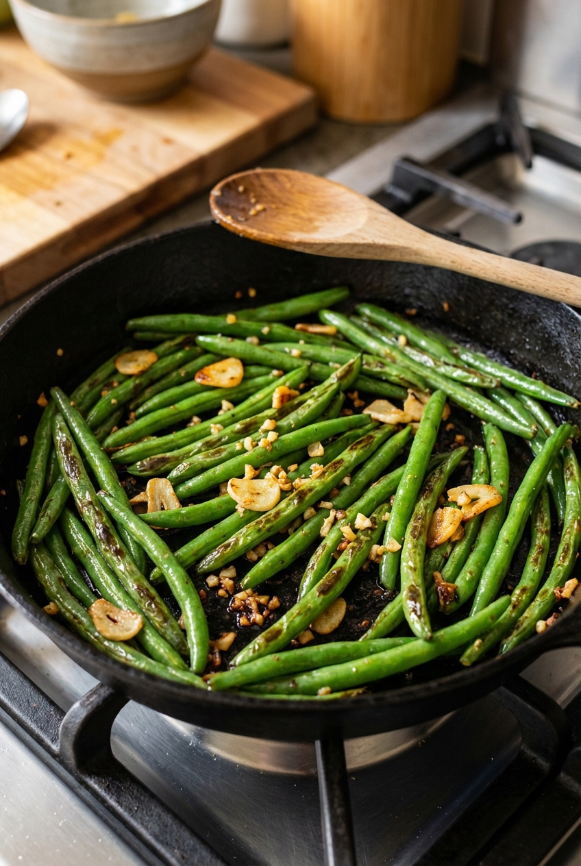Garlic sautéed green beans in a skillet with blistered spots