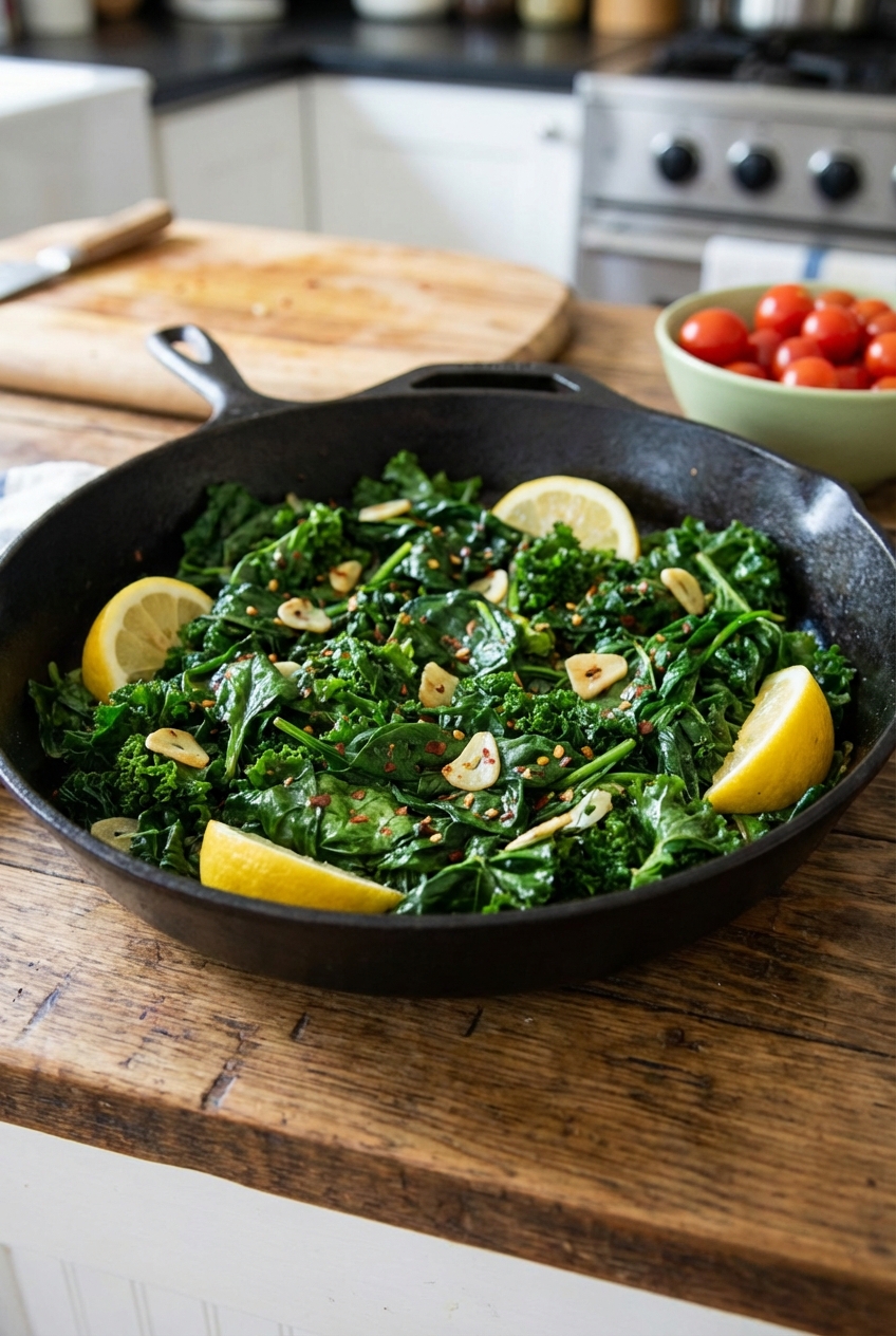 Garlic sautéed greens in a skillet with lemon wedges