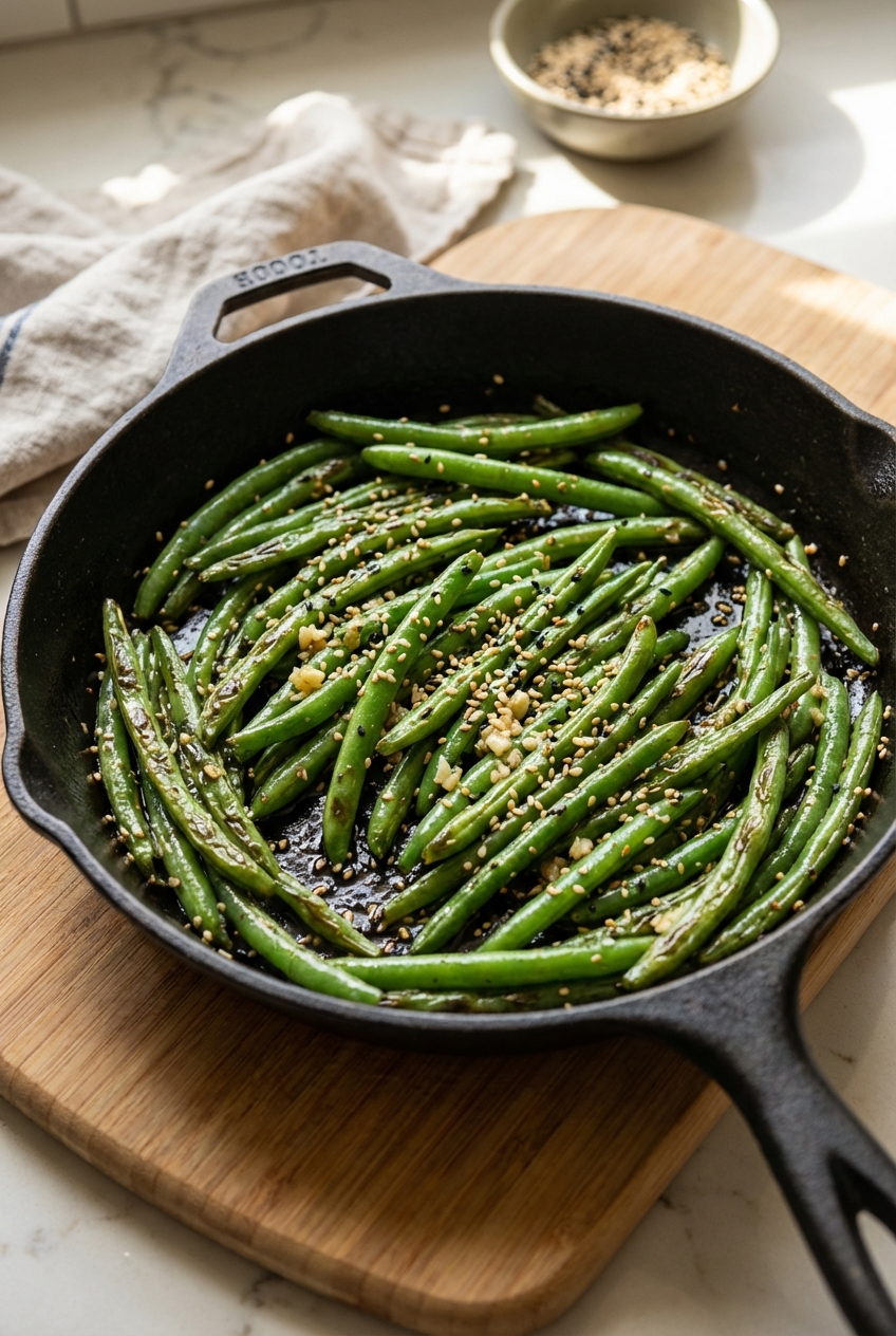 Garlic sesame green beans blistered in a skillet with toasted sesame seeds