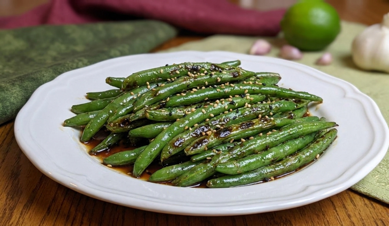Garlic sesame green beans piled on a serving plate, glossy with soy sauce and topped with toasted sesame seeds on a dinner table