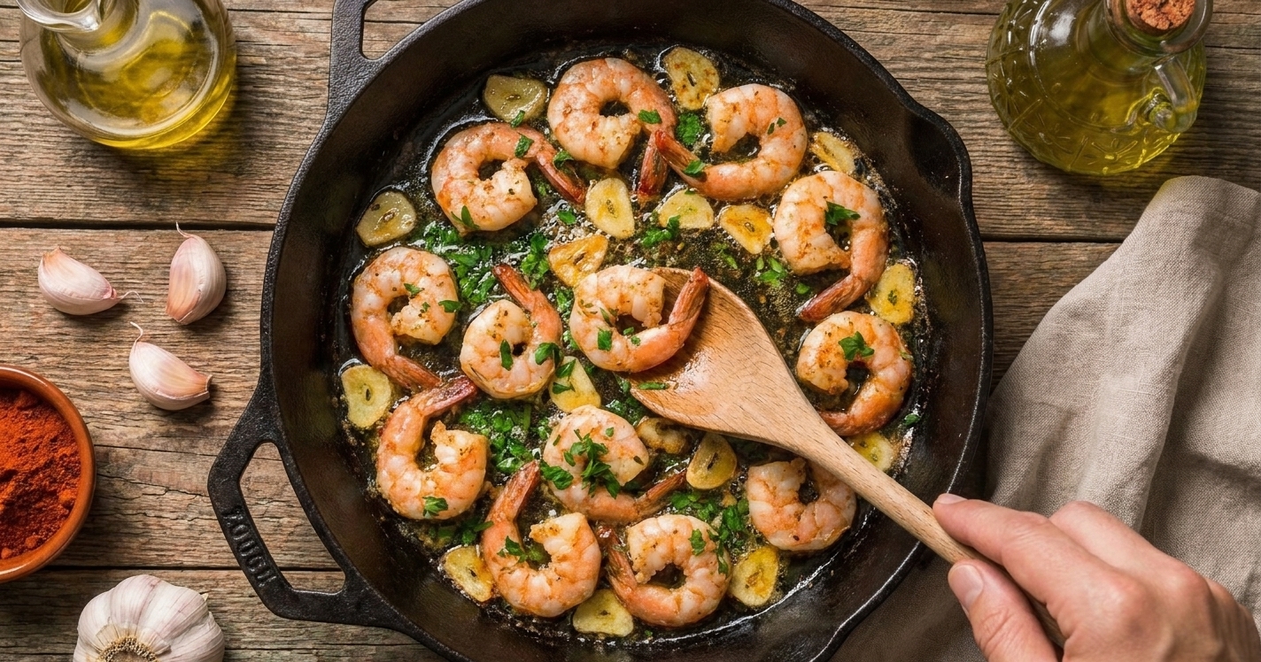 Garlic shrimp cooking in olive oil in a skillet with sliced garlic and parsley