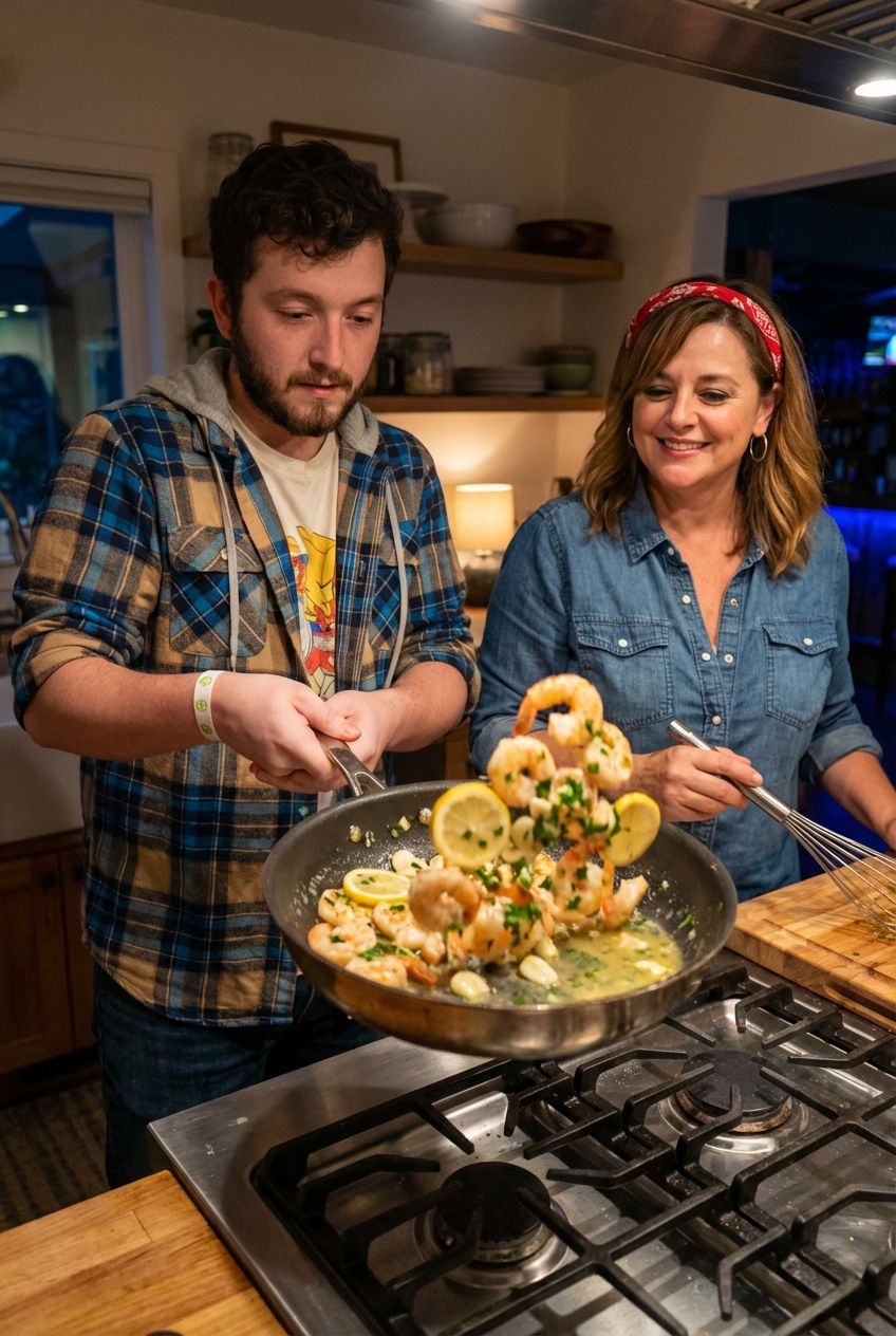 Garlic shrimp scampi being tossed in a skillet with lemon butter sauce