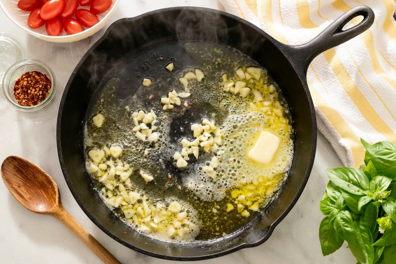 Garlic sizzling in melted butter and olive oil in a skillet