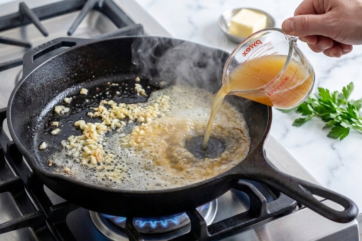 Garlic sizzling in melted butter in a skillet as broth is added to create a pan sauce