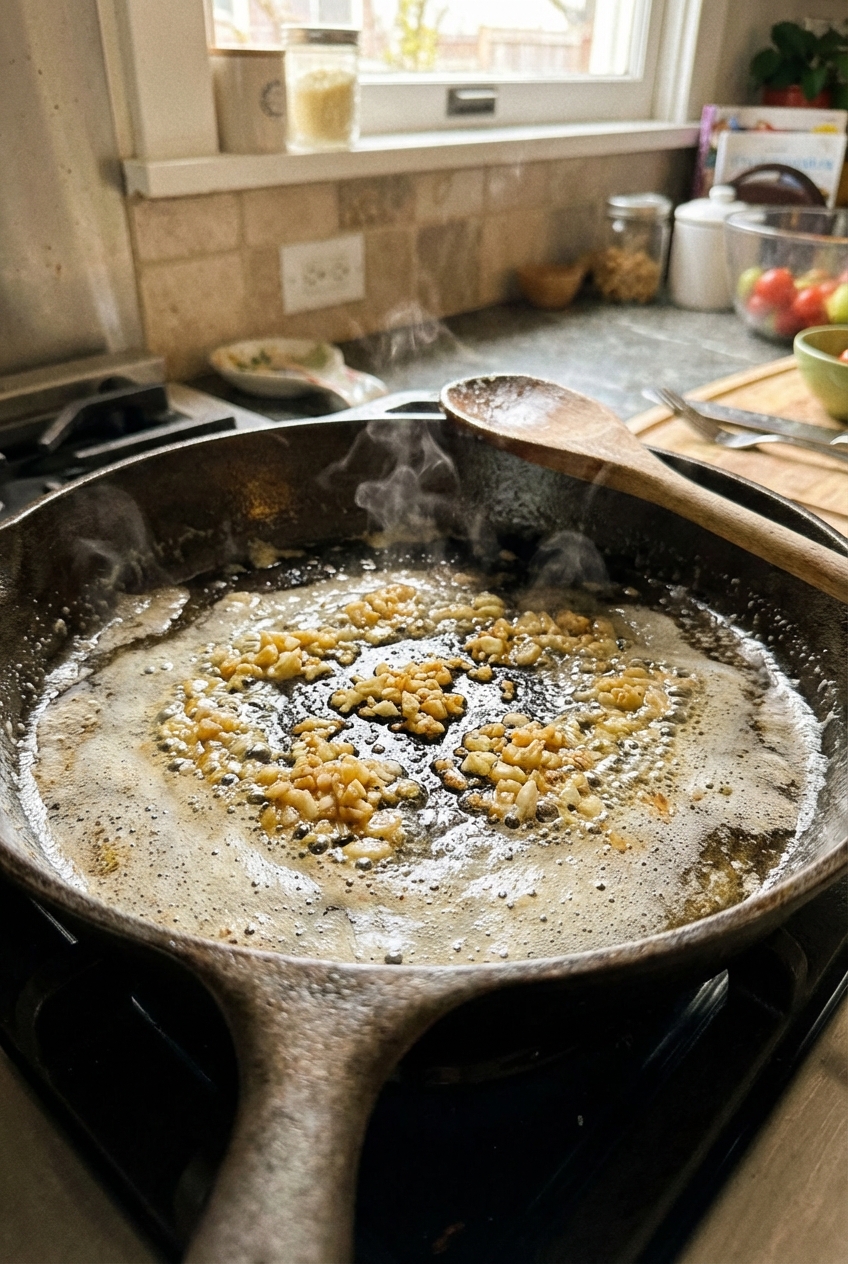 Garlic sizzling in melted butter in a skillet