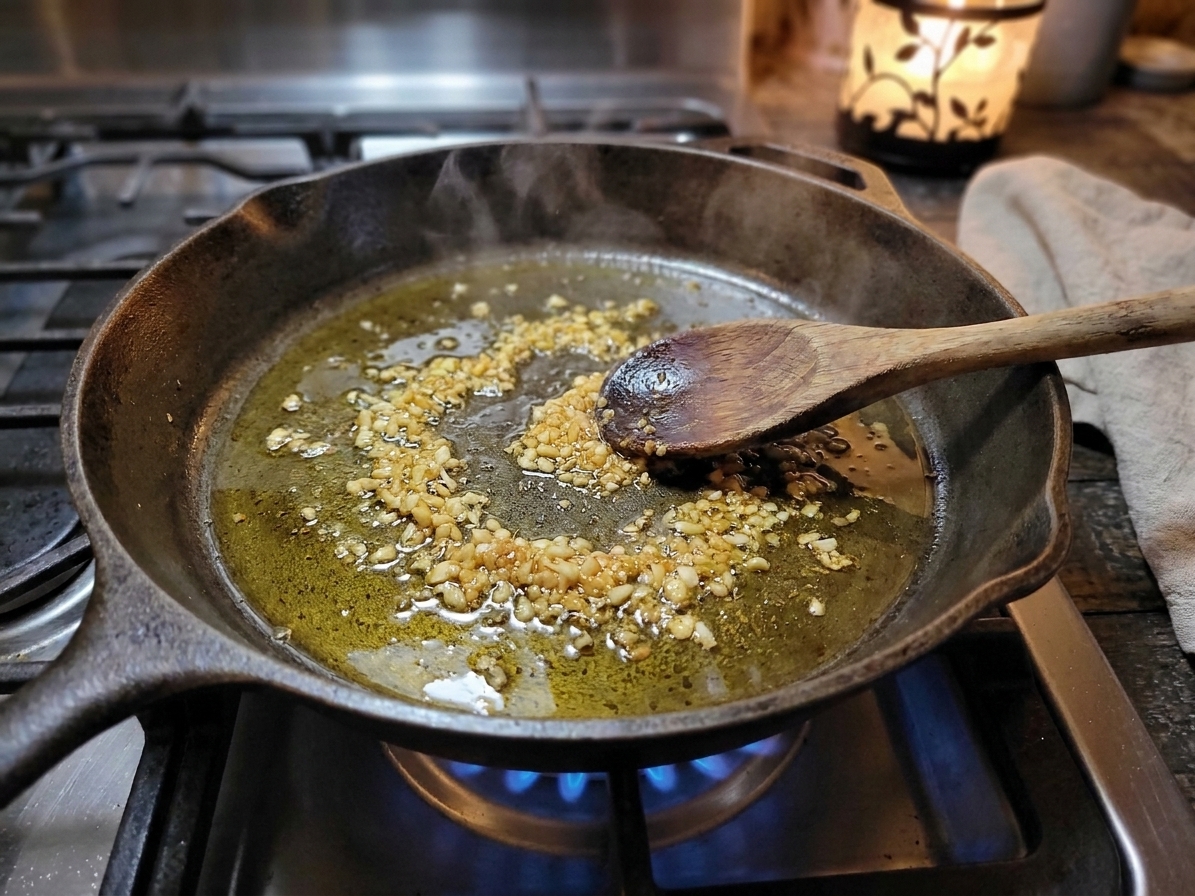 Garlic sizzling in olive oil in a large skillet on a stovetop, with a wooden spoon stirring