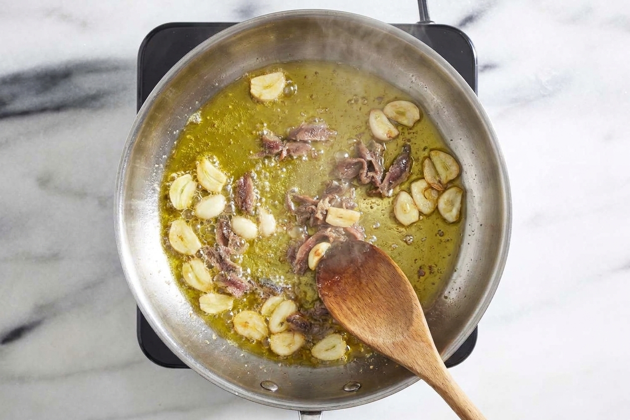 Garlic slices and chopped anchovies sizzling in olive oil in a wide skillet on a stovetop