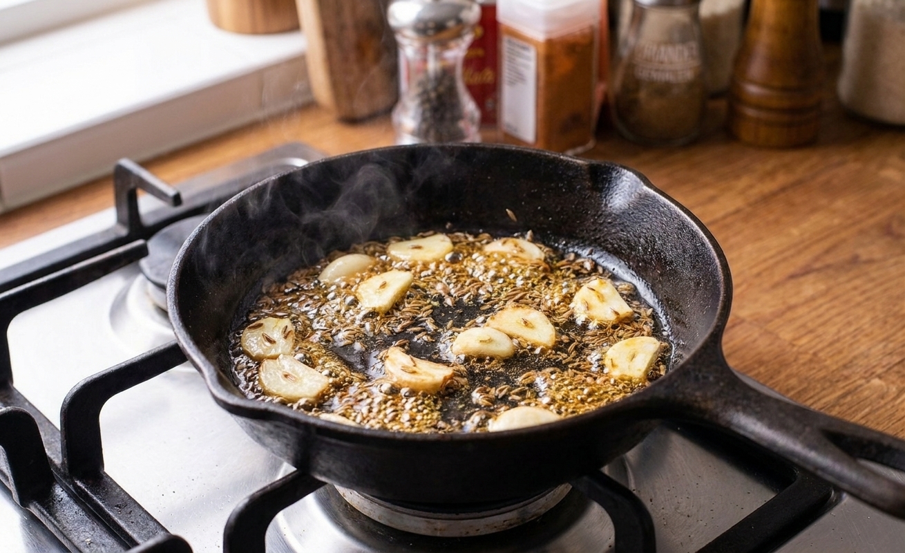 Garlic slices and cumin seeds sizzling in oil in a small skillet on a stovetop, captured mid-bubble