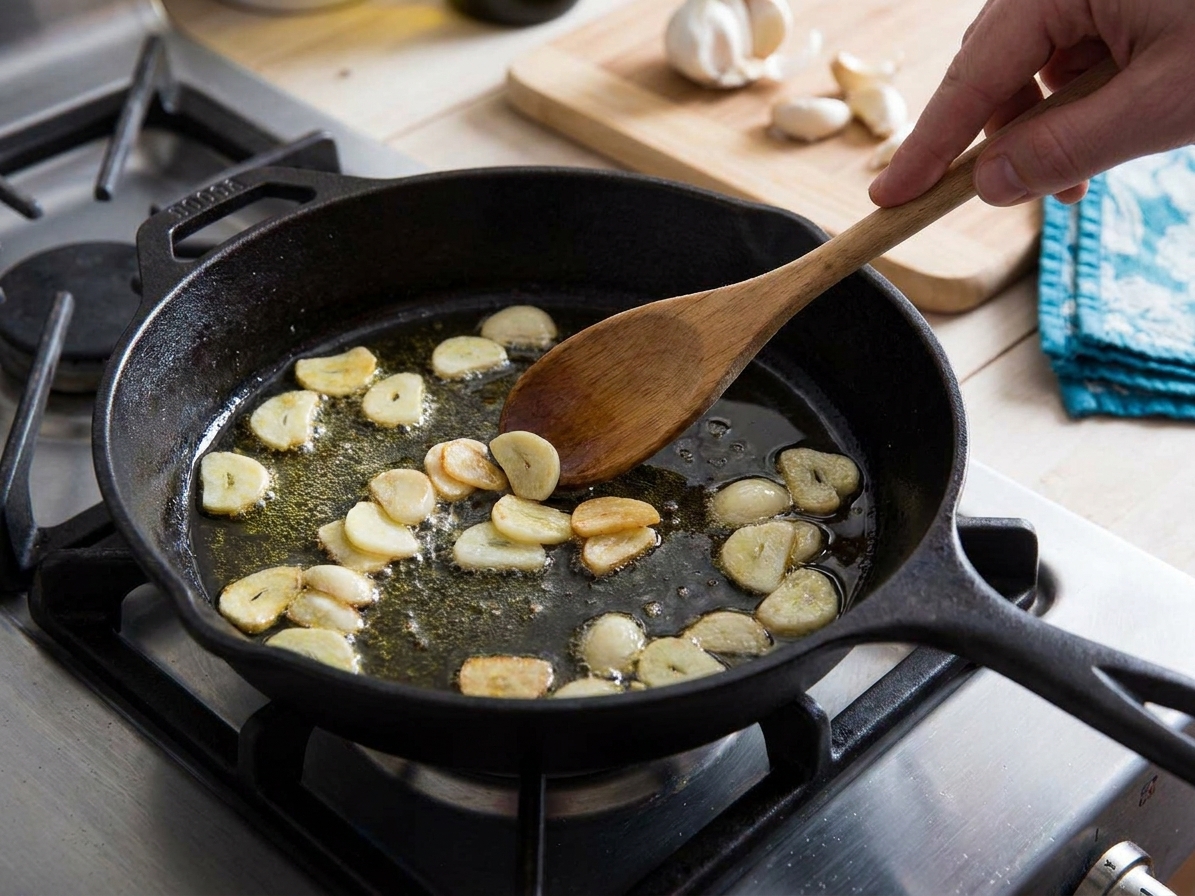 Garlic slices gently sizzling in olive oil in a skillet on a stovetop, turning pale gold