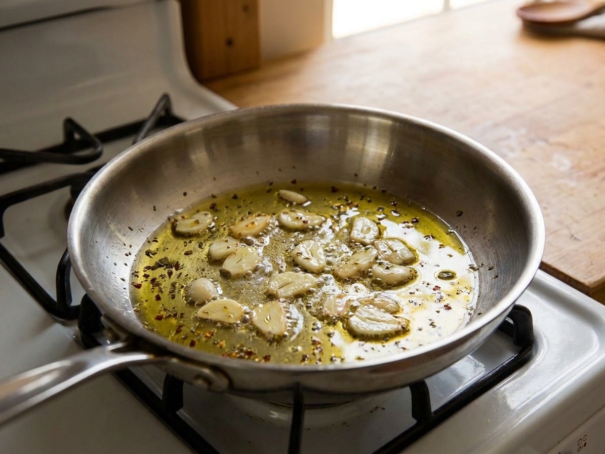Garlic slices gently sizzling in olive oil in a stainless steel skillet on a stovetop under warm kitchen lighting