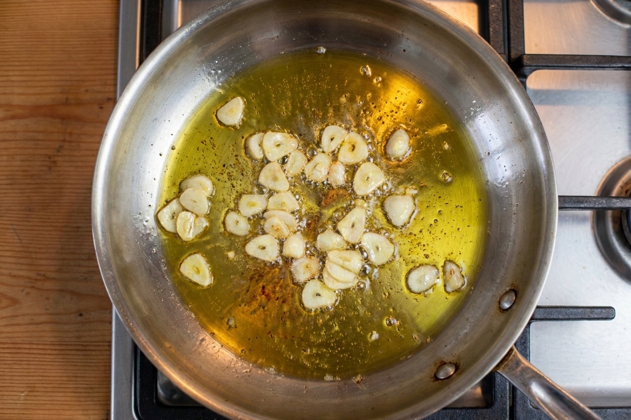 Garlic slices sizzling in olive oil in a stainless steel skillet on a stovetop