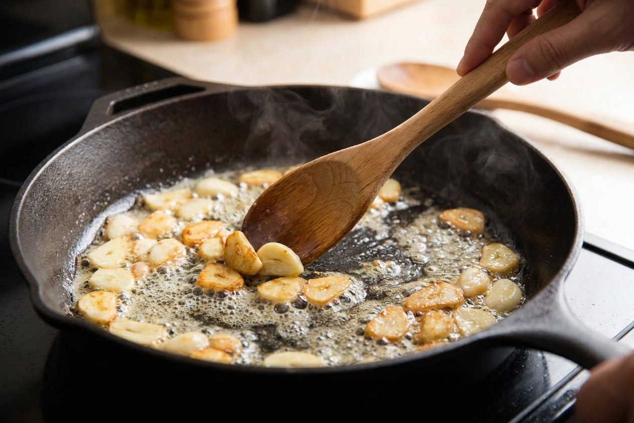 Garlic slices turning golden in bubbling butter in a skillet with a wooden spoon stirring