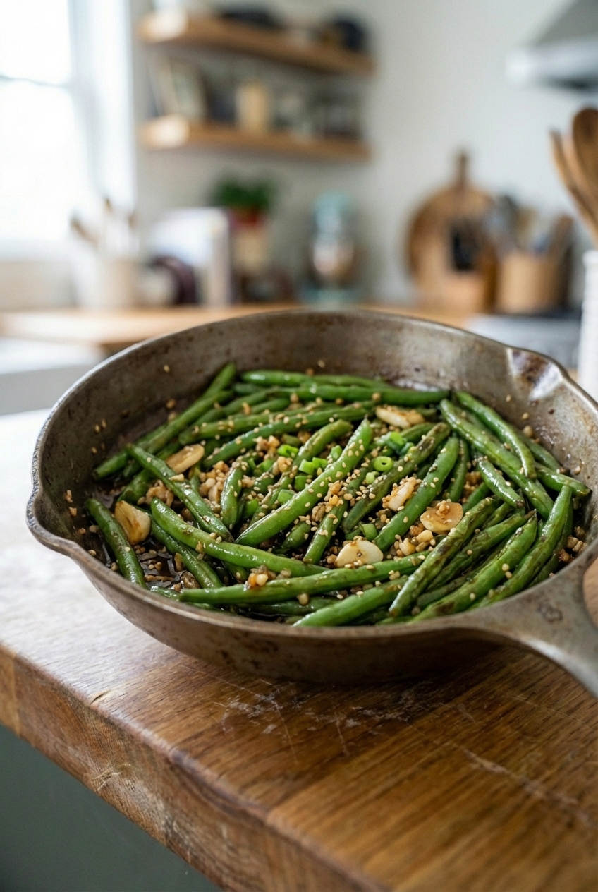 Garlic stir-fried green beans in a skillet