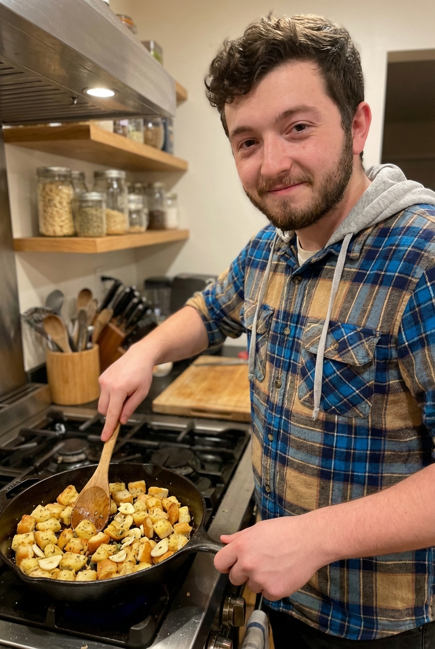 Garlicky croutons in a skillet with a wooden spoon