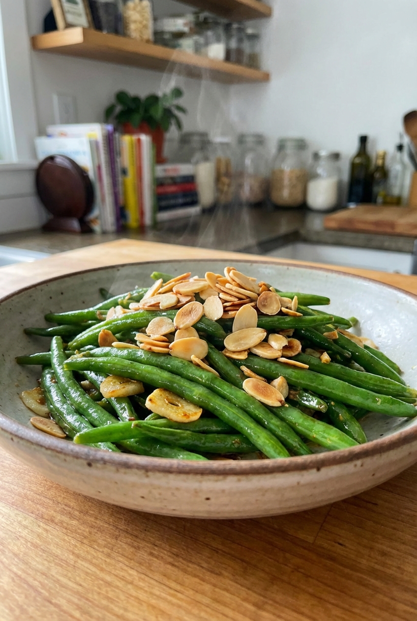 Garlicky green beans with toasted almonds