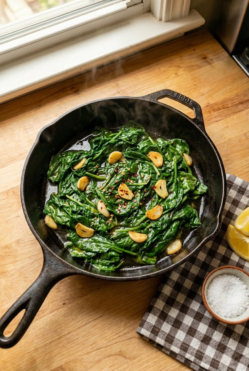Garlicky sautéed spinach in a skillet