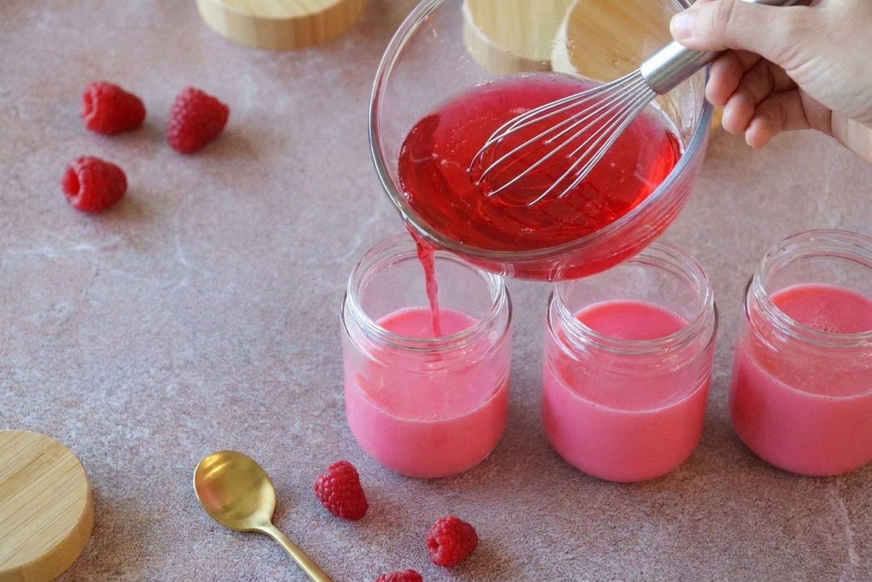 Gelatin mixture being poured into small clear glass cups lined up on a kitchen counter