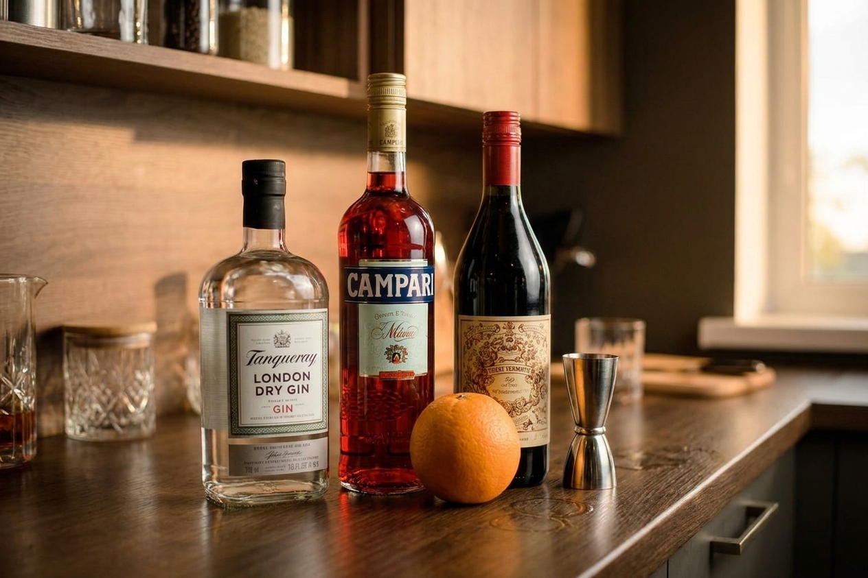 Gin, Campari, sweet vermouth, an orange, and a jigger arranged neatly on a warm kitchen counter