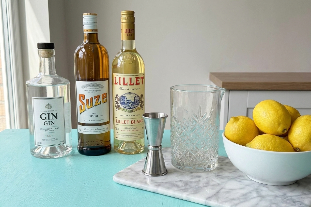 Gin, Suze, and Lillet Blanc bottles lined up on a kitchen counter next to a jigger, a mixing glass, and a bowl of fresh lemons