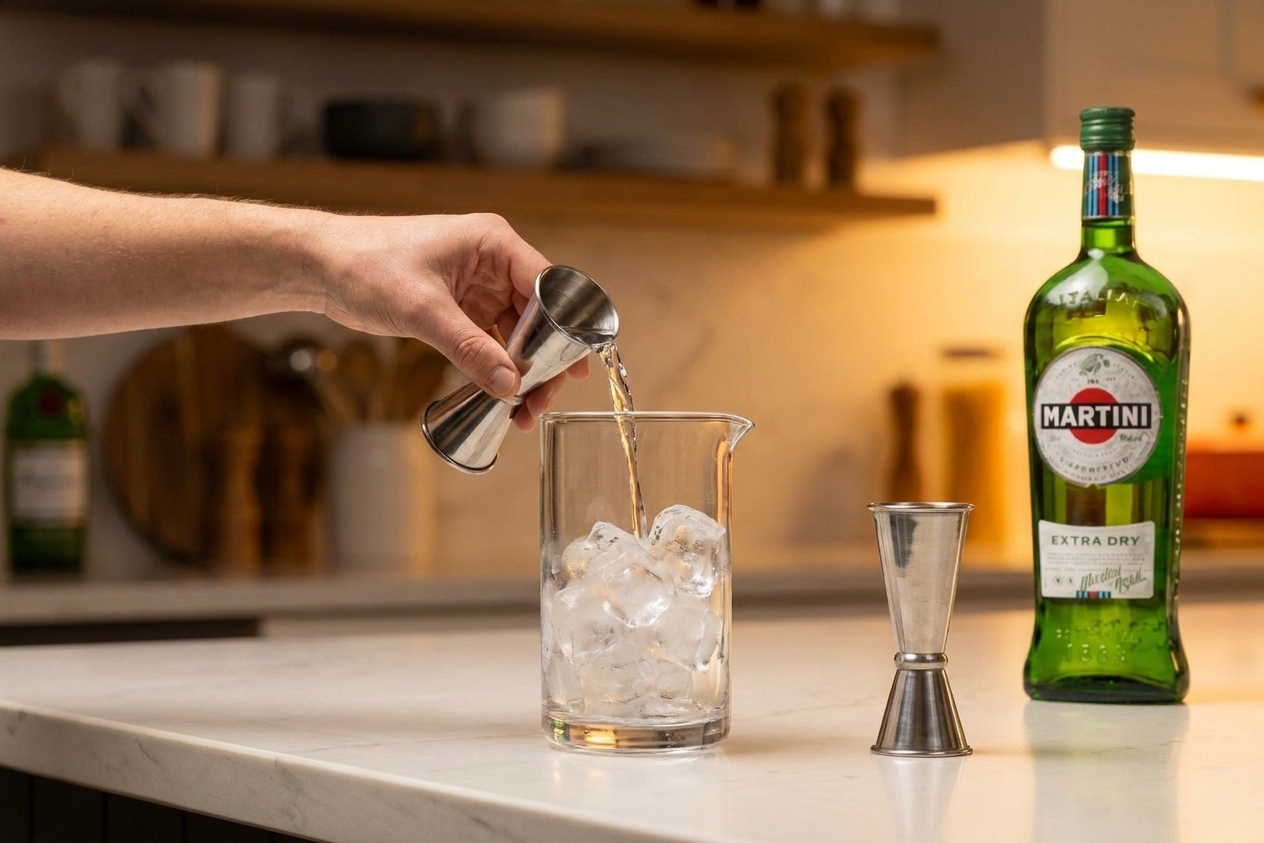 Gin and dry vermouth being measured into a clear mixing glass on a kitchen counter with a jigger